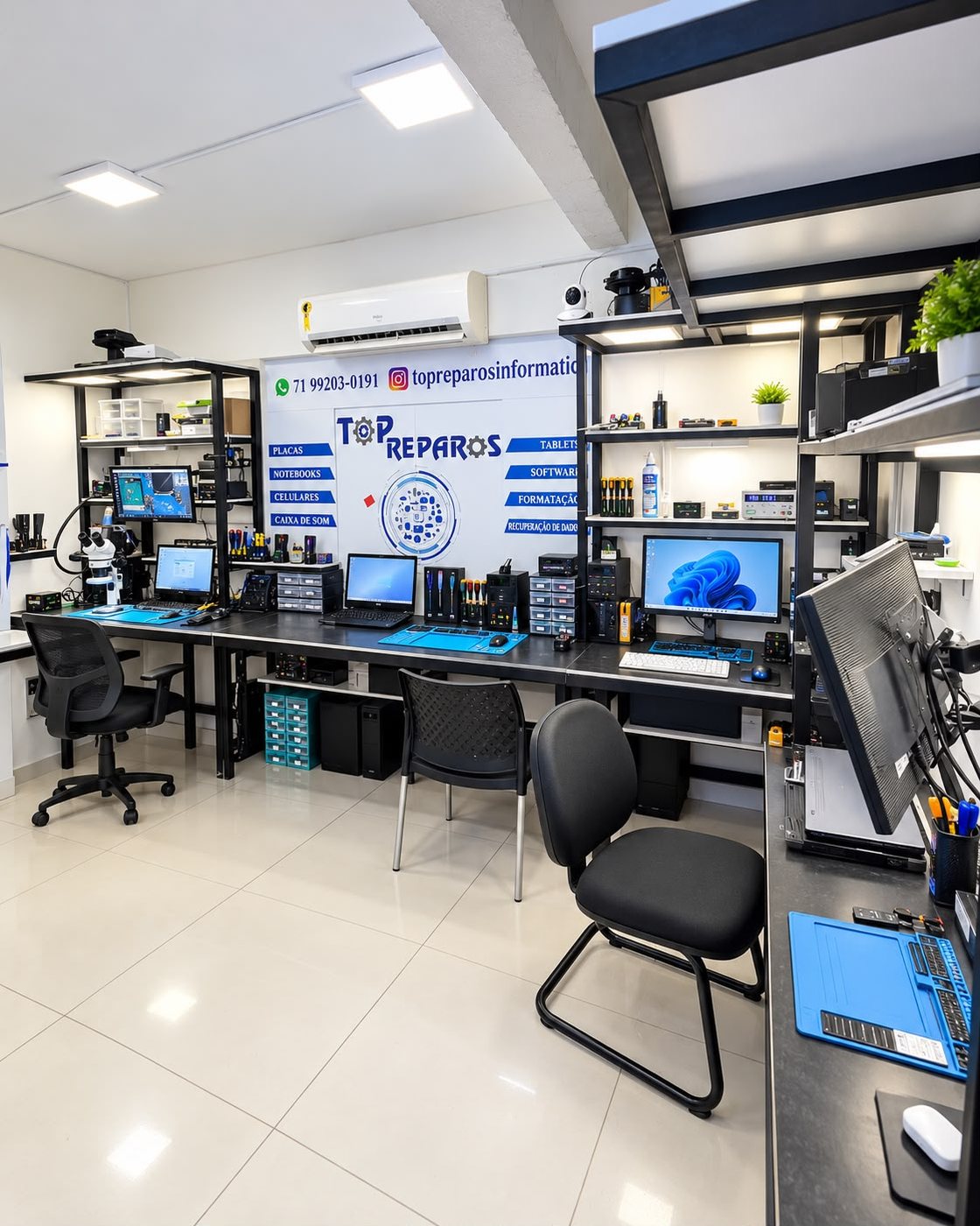 Loja da Top Reparos Informática em Salvador: bancadas, microscópio e laboratório.